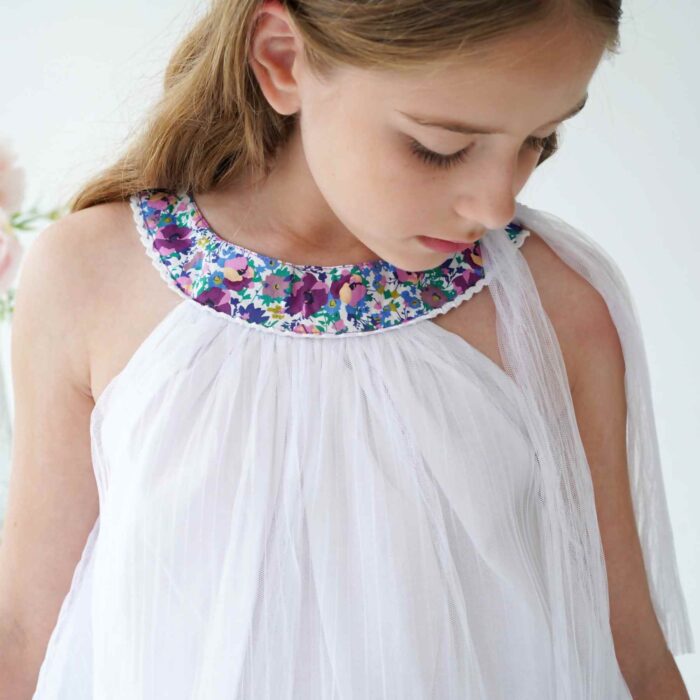 Robe Cérémonie Blanche Fille | Col Fleuri Violet | ALIZEE – Image 5