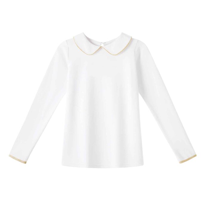 Un Élégant T-Shirt Blanc Sans Logo à Manches Longues avec Col Claudine avec Biais Doré pour Filles, Fillettes et Ados de la Marque de Mode pour Enfant Française La Faute à Voltaire.