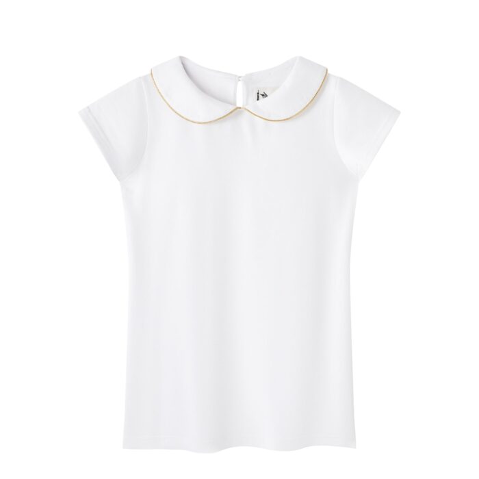 Un Élégant T-Shirt Blanc à Manches Courtes avec Col Claudine avec Biais Doré pour Filles, Fillettes et Ados de la Marque de Mode pour Enfant Française La Faute à Voltaire.
