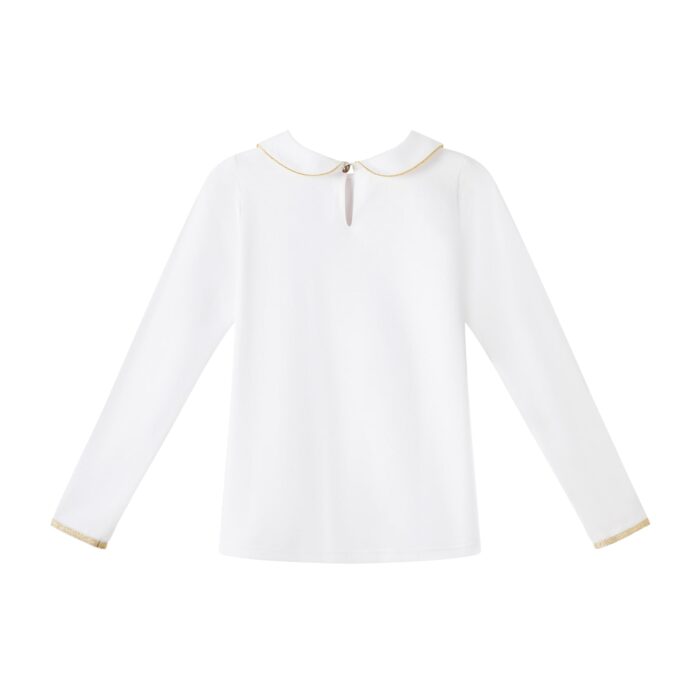 Un Élégant T-Shirt Blanc Sans Logo à Manches Longues avec Col Claudine avec Biais Doré pour Filles, Fillettes et Ados de la Marque de Mode pour Enfant Française La Faute à Voltaire.
