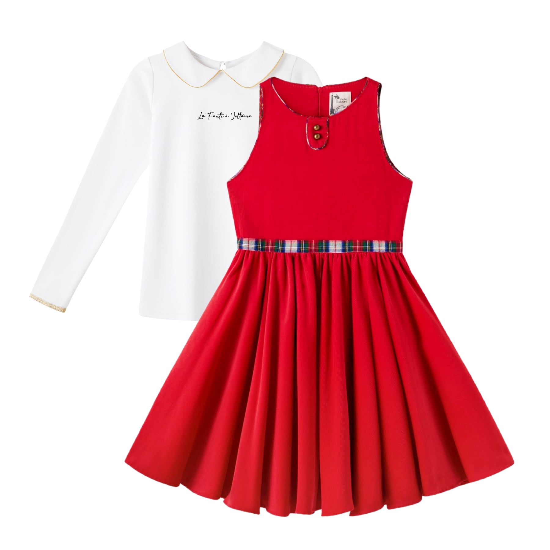 Une Magnifique Tenue de Noël pour Filles, Fillettes et Ados Composée d'une Robe Qui Tourne en Velours Rouge et un T-shirt blanc à Manches Longues et Col Claudine Bordés d'un Biais Doré de la Marque de Mode Française pour Enfants La Faute à Voltaire.