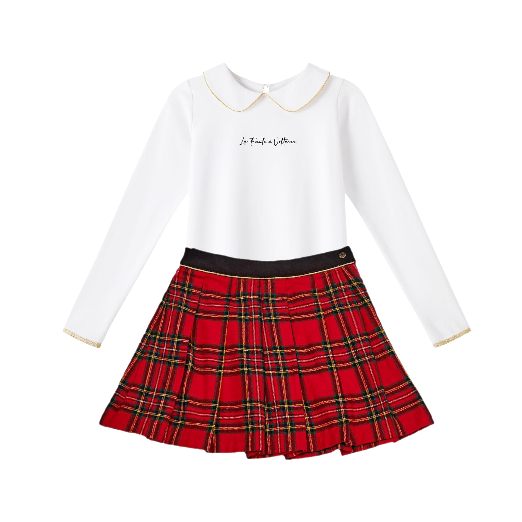 Ensemble Classique Chic et Tellement Tendance Composée d'une Jupe Plissée à Tartan Rouge et T-shirt à Manches Longues et Col Claudine Bordé d'un Biais Doré. Tenue de Noël et pour tous les Jours pour Fille de la Marque de Mode pour Enfants La Faute à Voltaire.