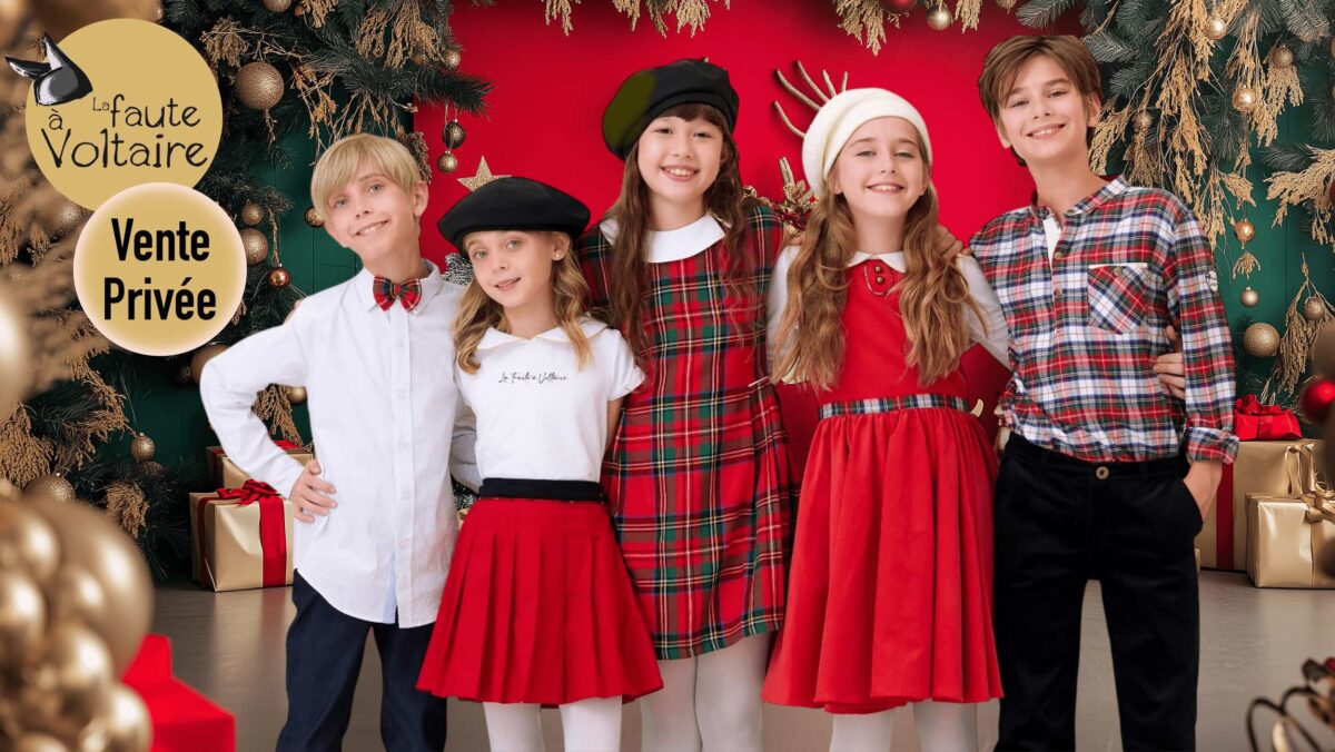 Faites Briller les Yeux des Filles et Garçons de la Famille avec ses Merveilleuses Tenues de Noël Haute Gamme ipour des Moments Inoubliables. Robes de Noël et Jupes en Velours Rouge, Tartan Rouge, Chemise Blanche et Noeud Papillon en Tartan pour Garçon de la Marque de Mode Française Chic pour Enfants La Faute à Voltaire.