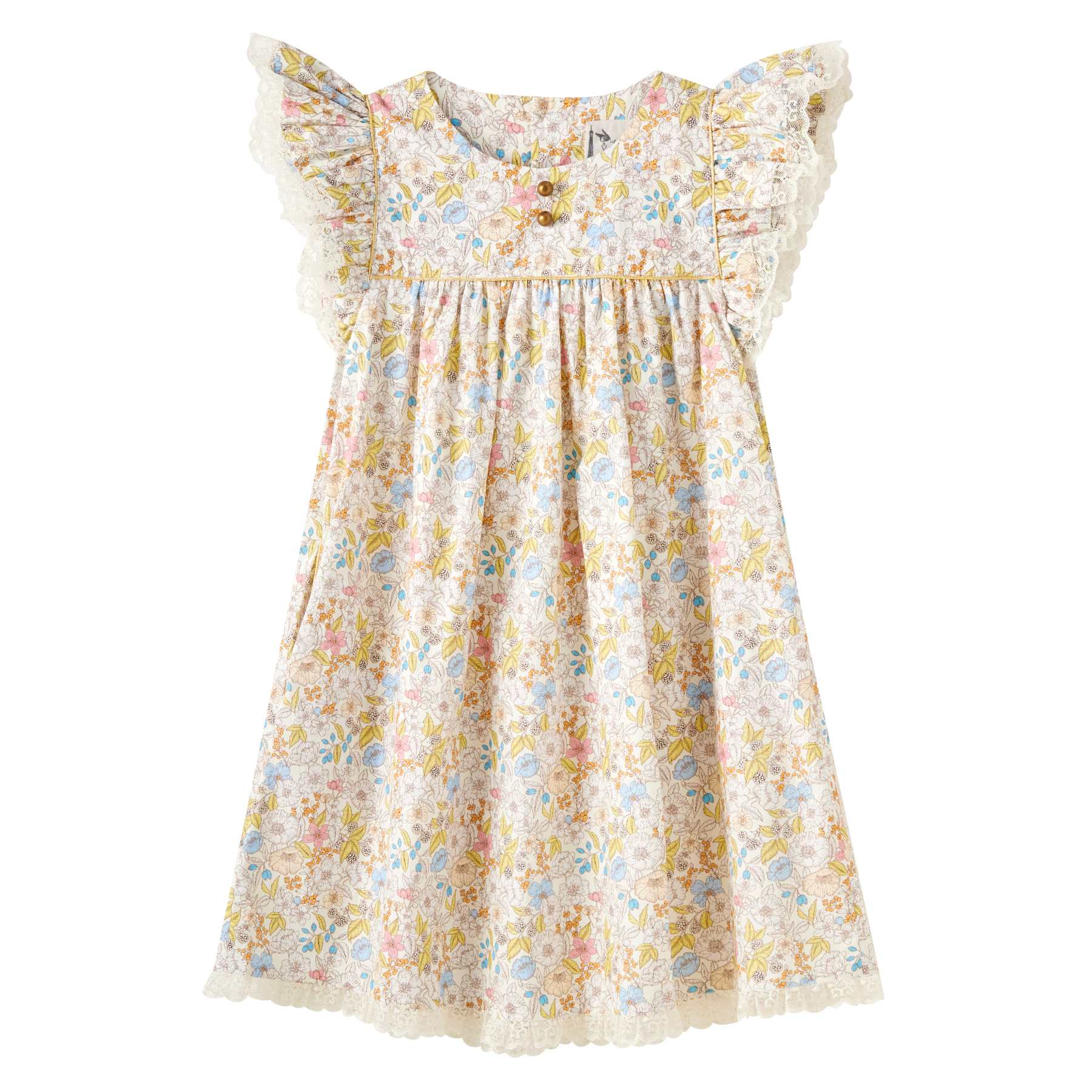 photo packshot avant de la robe de cérémonie fille fleurie liberty jaune, rose, bleu ciel avec manches à volants bordée de fine dentelle beige mordorée rappelée en bas de la robe, col rond avec petits boutons rond couleur bronze décoratif, biais doré sur la poitrine et pour souligner les poches. Robe idéale pour demoiselle d'honneur, mariage bohème chic et tous les évènements chics de l'été. Disponible du 2 au 16 ans.