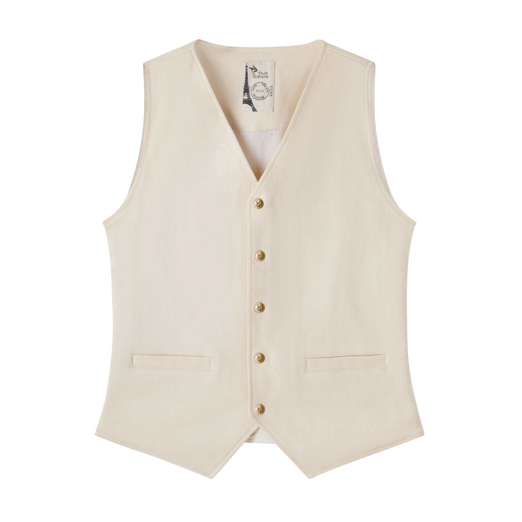 Photo packshot avant du gilet de costume beige pour garçon St Germain avec boutons pression couleur bronze de la marque de mode pour enfants La Faute à Voltaire. Disponible de la taille du 2 à 16 ans.