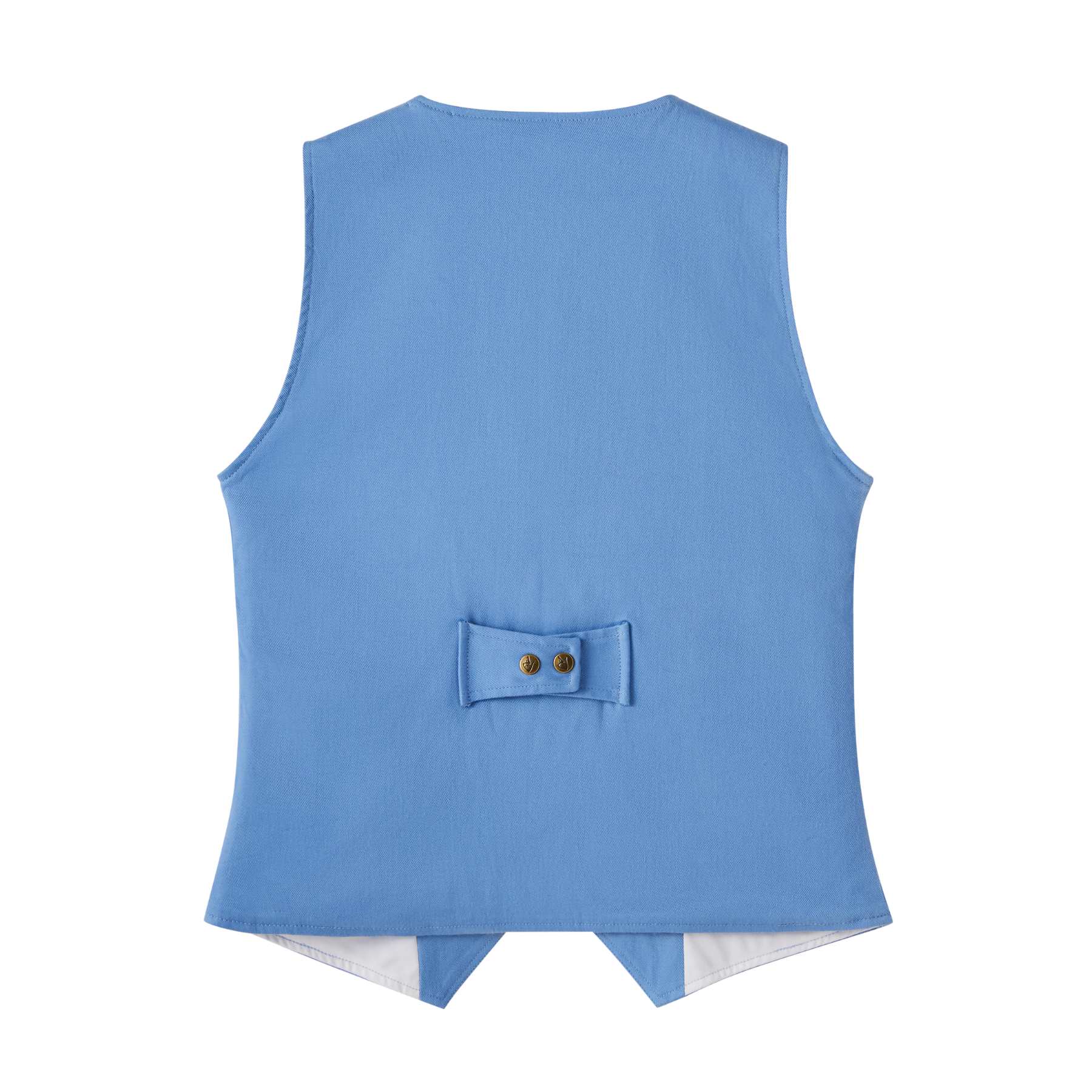 Photo packshot arrière du gilet de costume bleu ciel pour garçon St Germain avec fermeture boutons pressions couleur bronze. Petites poches sur les côtés.