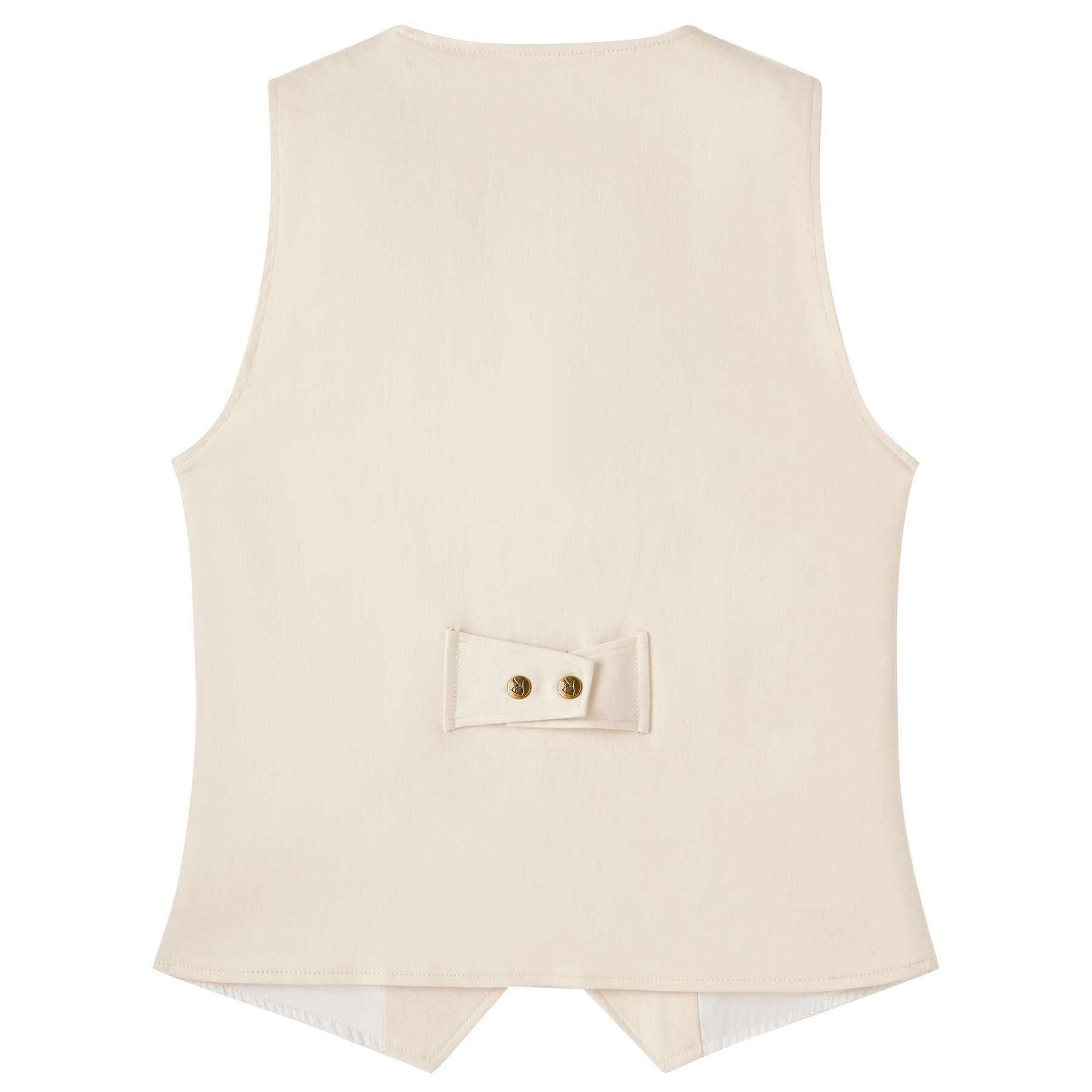 Gros plan du dos du gilet de costume beige pour garçon St Germain avec boutons pression couleur bronze de la marque de mode pour enfants La Faute à Voltaire. Disponible de la taille du 2 à 16 ans.