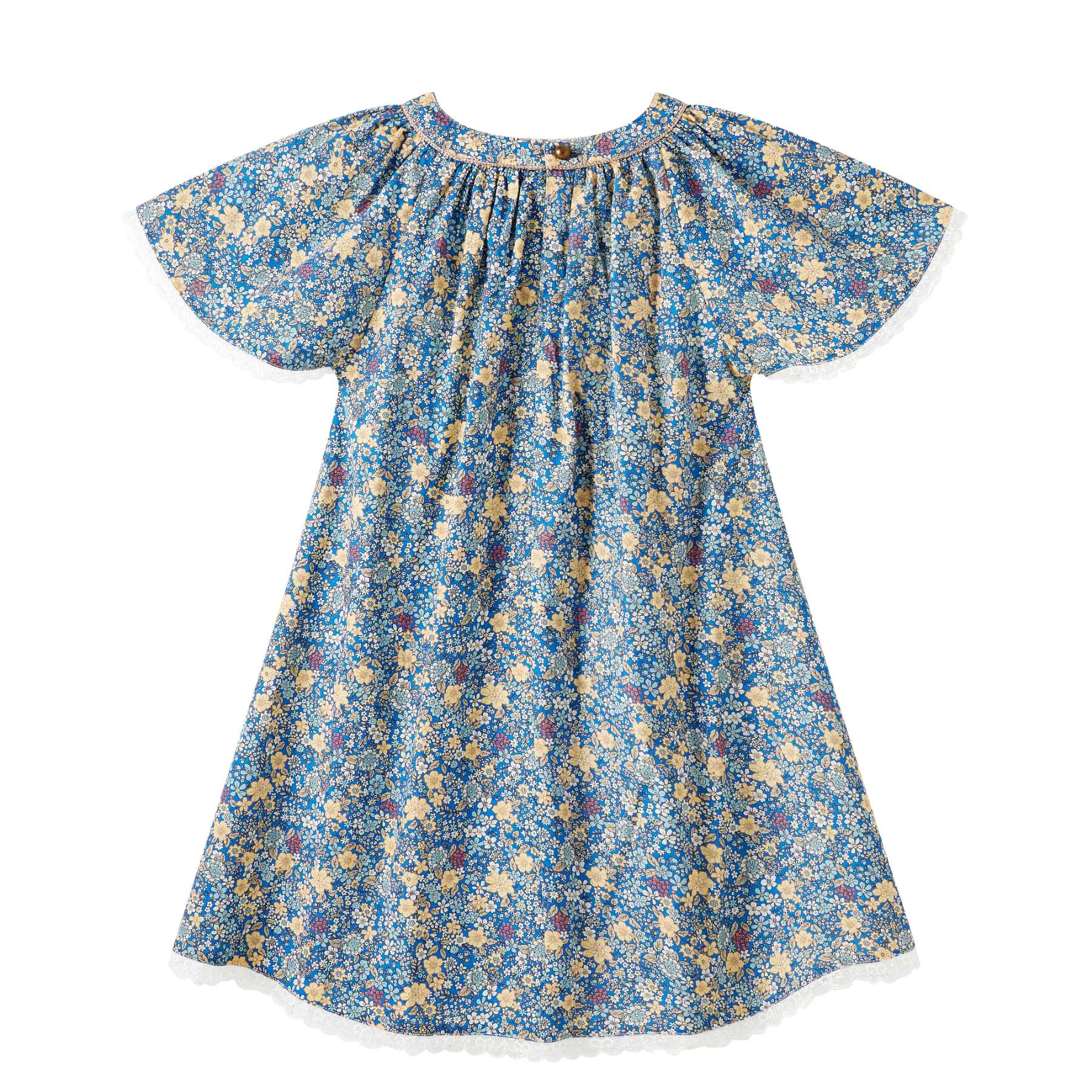 photo packshot de dos de la robe de cérémonie fleurie en coton liberty bleu foncé, dentelle beige mordoré et biais doré à l'encolure ronde. Modèle robe de cérémonie pour fille "Butterfly" disponible de la taille 2 ans à 16 ans de la marque de mode pour enfants La Faute à Voltaire.