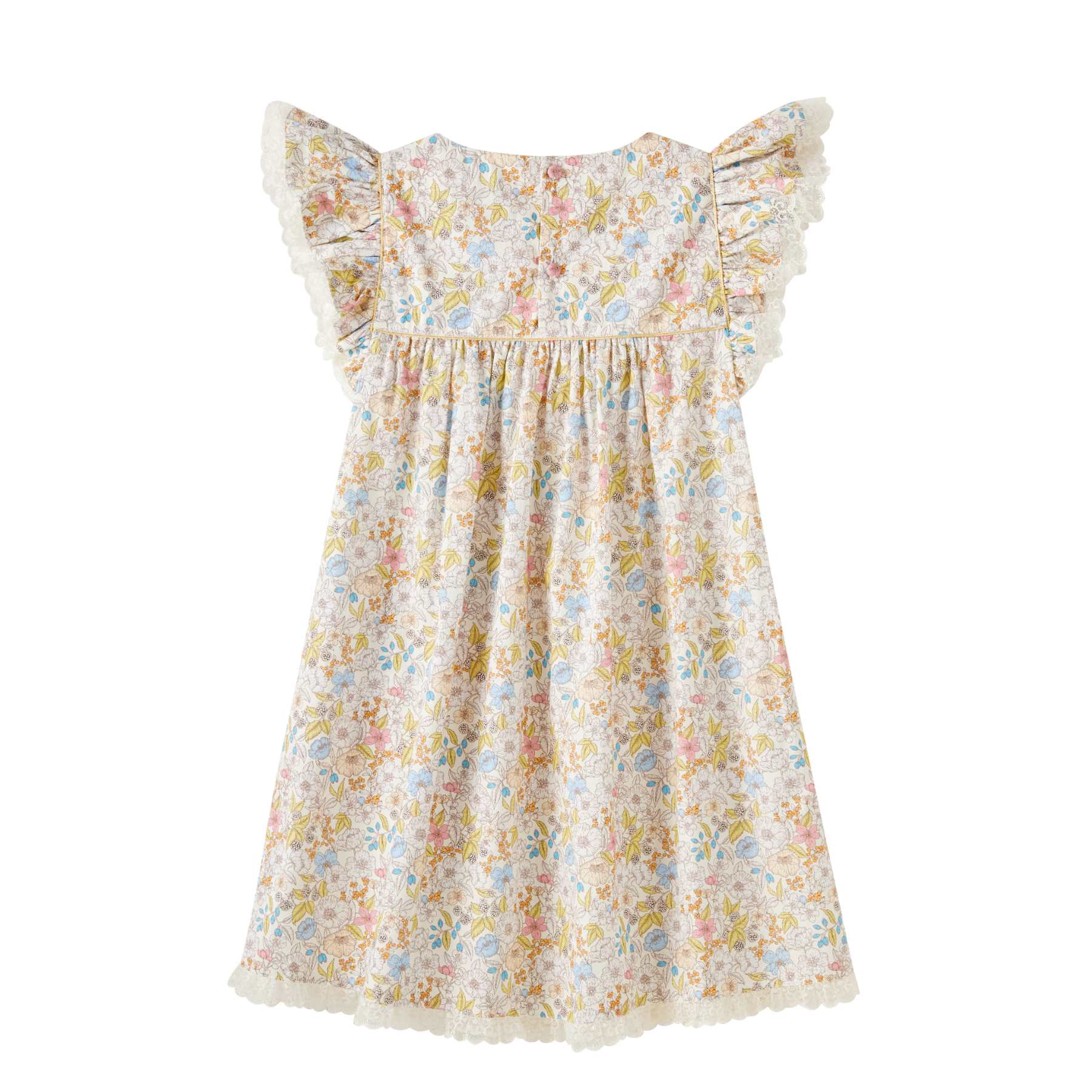 photo packshot du Dos de la robe de cérémonie fille fleurie liberty jaune, rose, bleu ciel avec manches à volants bordée de fine dentelle beige mordorée rappelée en bas de la robe, col rond fermée dans la nuque par petits boutons ronds couleur bronze, biais doré sur la poitrine et pour souligner les emmanchures. Robe idéale pour demoiselle d'honneur, mariage bohème chic et tous les évènements chics de l'été. Disponible du 2 au 16 ans.