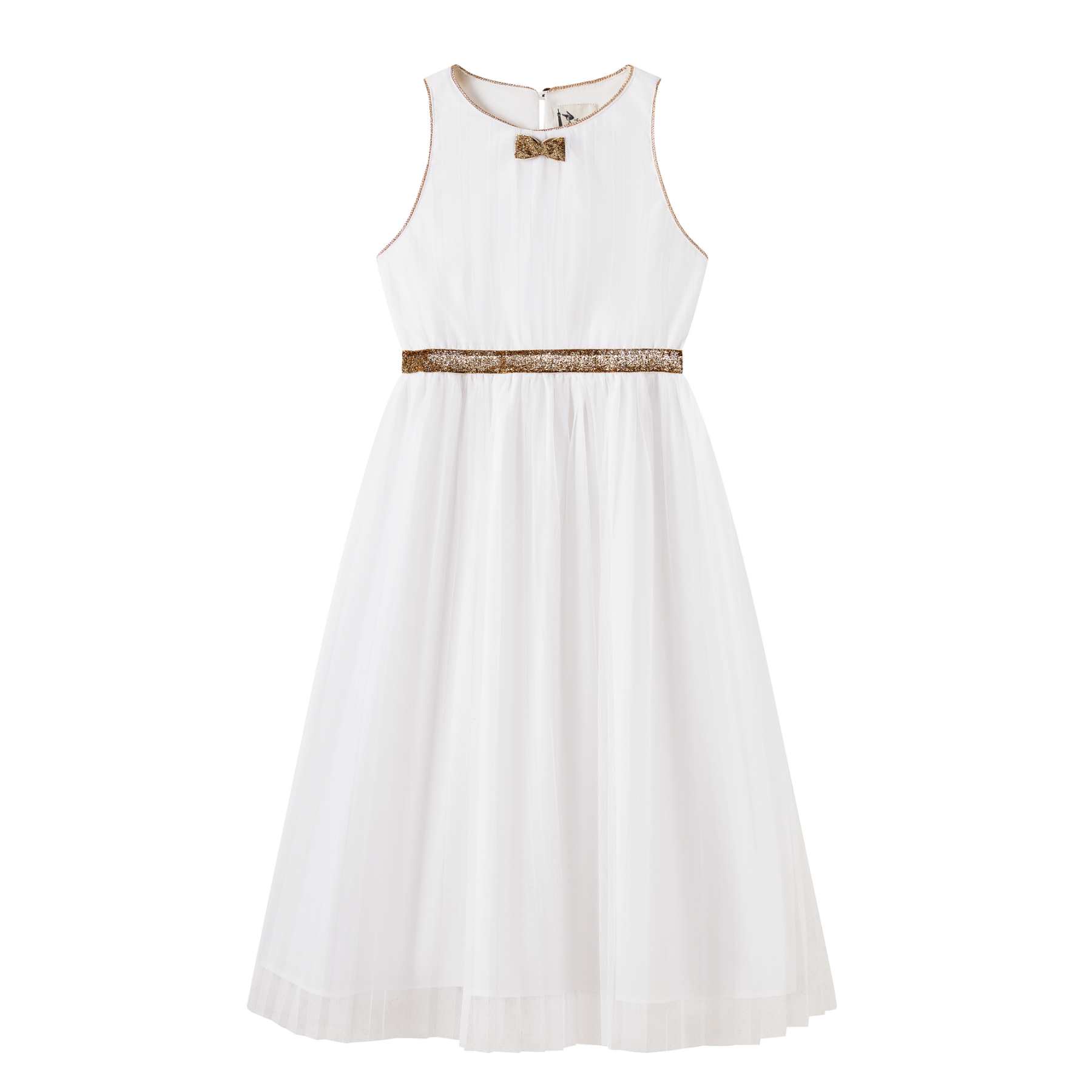 Robe cérémonie fille blanche longue en voile acrylique doublée de coton. Ceinture et noeud paillettes dorées. Ouverture dans le dos avec fermeture éclair jusqu'à la taille et boutons dorés arrondis. Idéale en robe de communion et robe de demoiselle d'honneur.