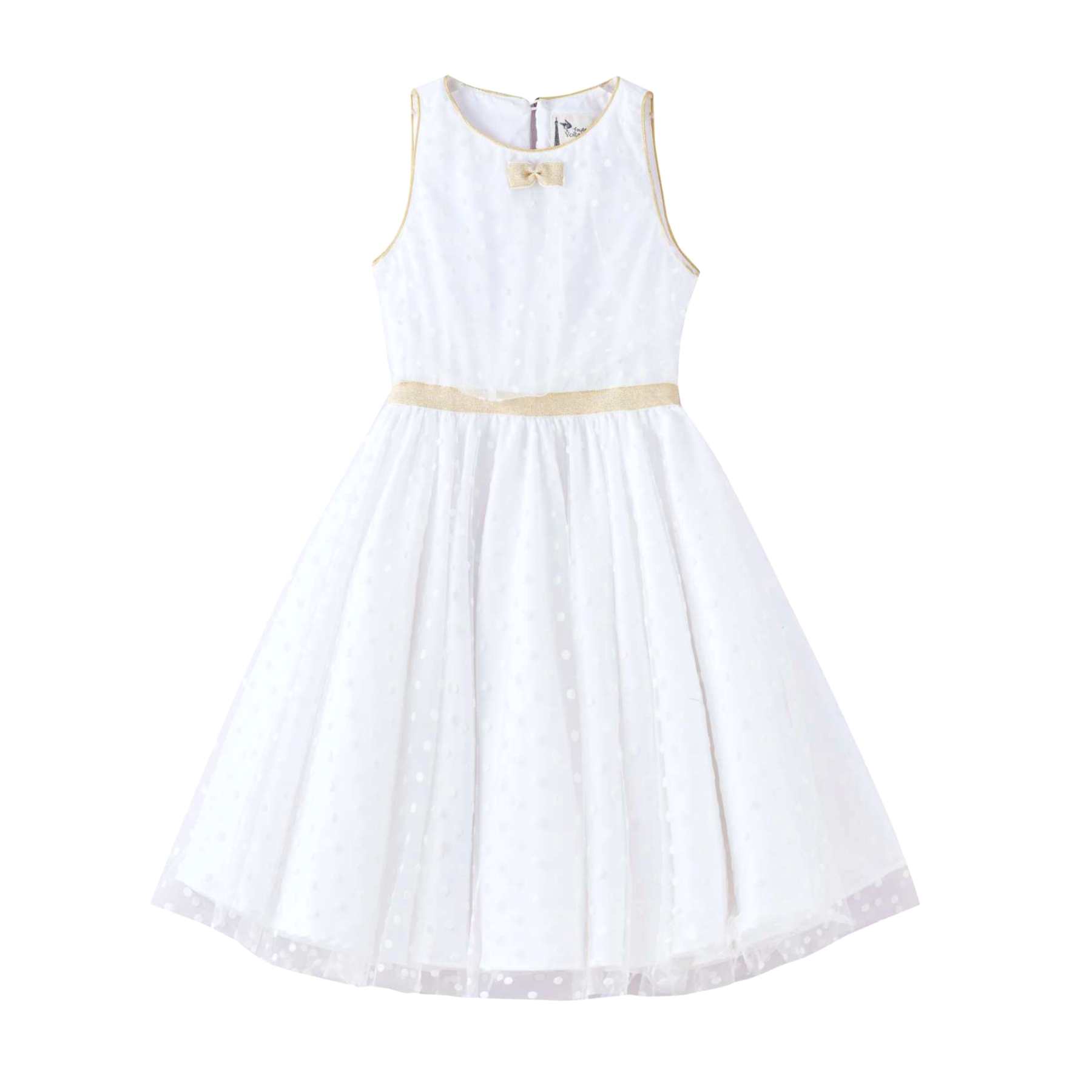 Robe de cérémonie fille blanche et or en tulle. Robe qui tourne coupe patineuse avec emmanchures américaines. Coupe trapèze avec taille cintrée dorée. Robe en tulle acrylique légère et douce doublé de coton confortable. Idéale pour les demoiselles d'honneur, les communiantes et tout évènements religieux. Tailles disponibles du 2 au 16 ans.