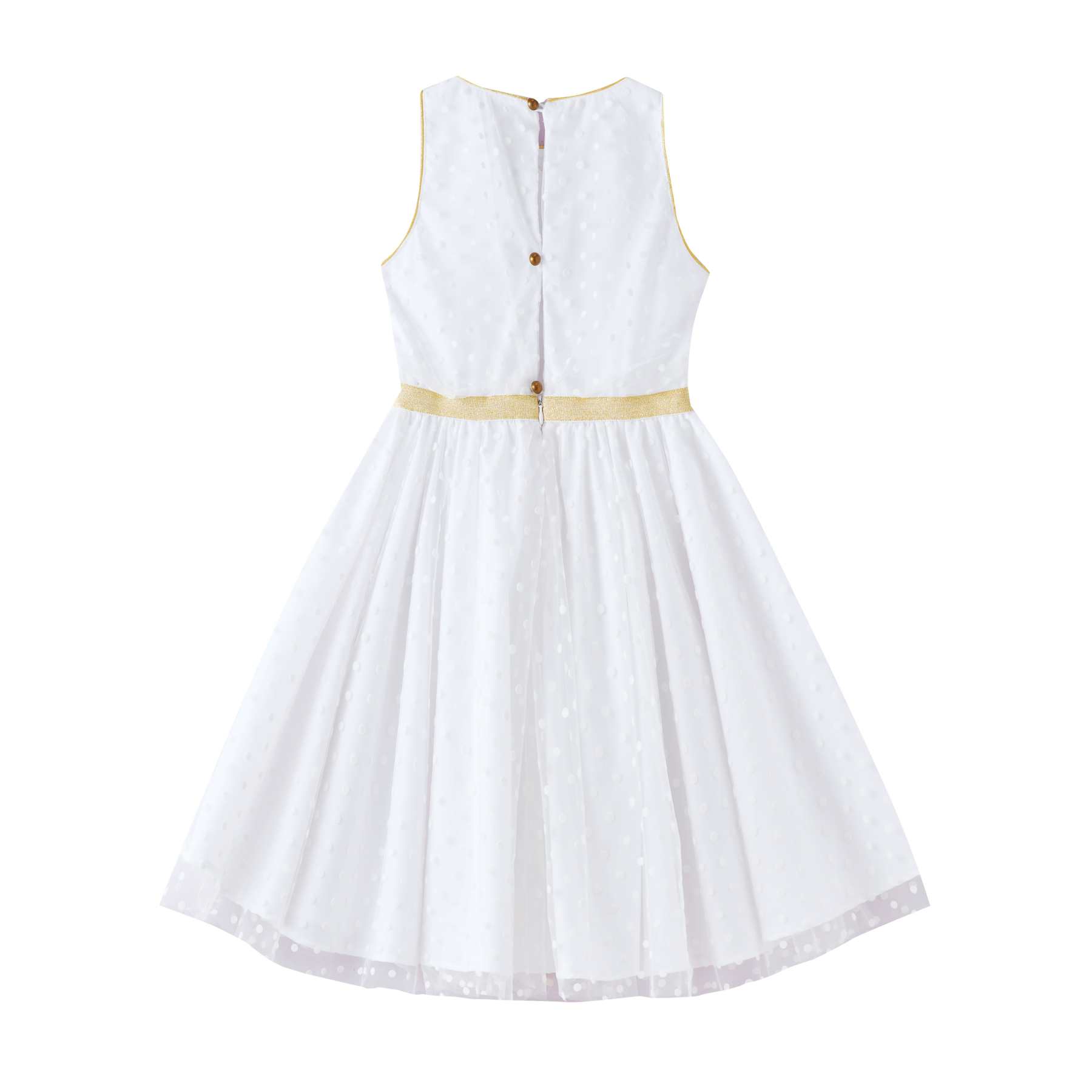 Photo de dos de la robe de cérémonie fille blanche et or en tulle. Robe qui tourne coupe patineuse avec emmanchures américaines. Coupe trapèze avec taille cintrée dorée. Robe en tulle acrylique légère et douce doublé de coton confortable. Idéale pour les demoiselles d'honneur, les communiantes et tout évènements religieux. Fermeture dans le dos avec fermeture éclair et petits boutons ronds doré. Tailles disponibles du 2 au 16 ans.